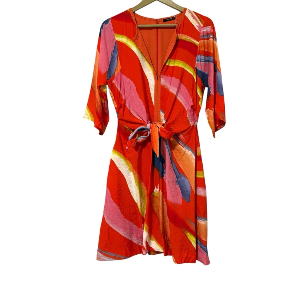 Natori Orange Multicolor Abstract Print Waist Tie Dress Size 8 Art To Wear